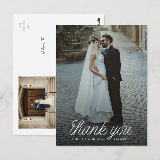 Ribbon Script Minimalist Wedding Photo Briefkaart (Voorkant / Achterkant)