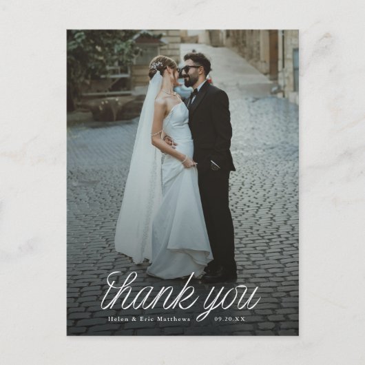 Ribbon Script Minimalist Wedding Photo Briefkaart (Voorkant)