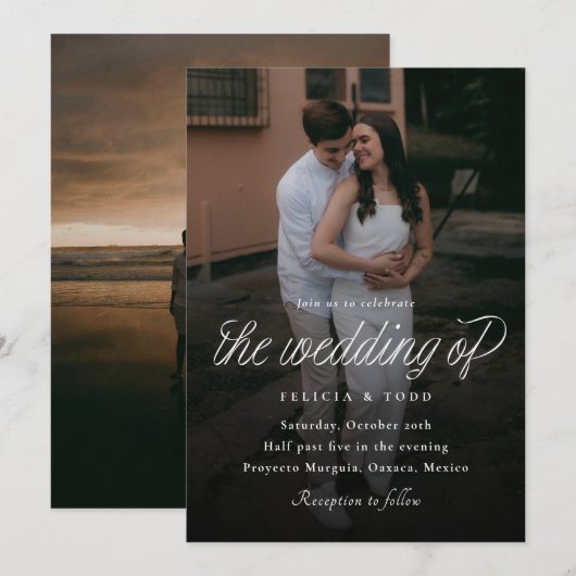 Ribbon Script Minimalist Wedding Photo Kaart (Voorkant / Achterkant)