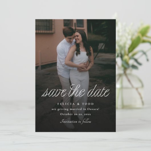Ribbon Script Minimalist Wedding Photo Save The Date (Staand voorkant)