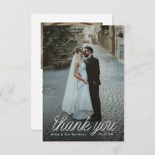 Ribbon Script Minimalist Wedding Photo Small Bedankkaart (Voorkant / Achterkant)