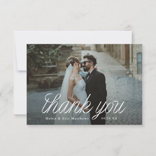 Ribbon Script Minimalist Wedding Photo Small Bedankkaart (Voorkant)