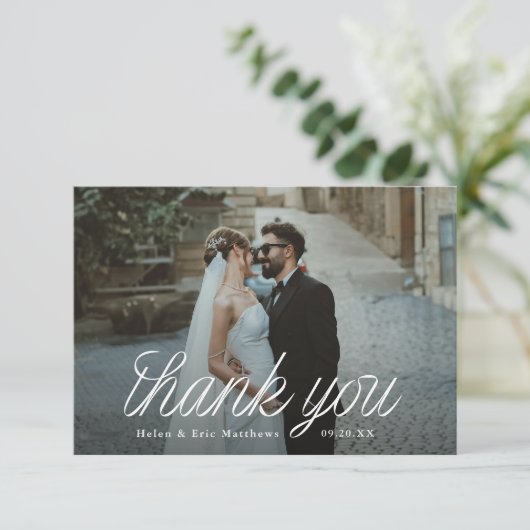 Ribbon Script Minimalist Wedding Photo Small Bedankkaart (Staand voorkant)