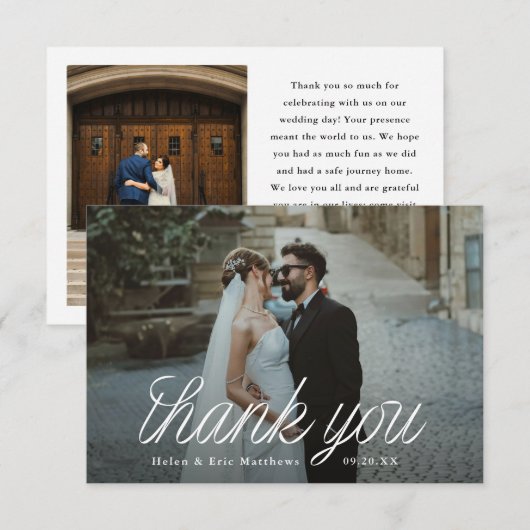 Ribbon Script Minimalist Wedding Photo Small Bedankkaart (Voorkant / Achterkant)