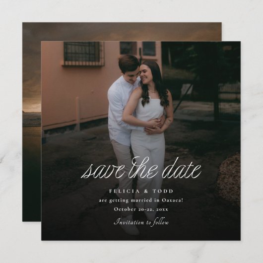 Ribbon Script Minimalist Wedding Photo Square Save The Date (Voorkant / Achterkant)