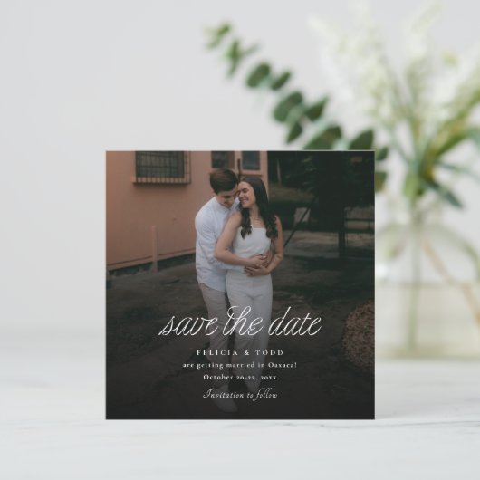 Ribbon Script Minimalist Wedding Photo Square Save The Date (Staand voorkant)
