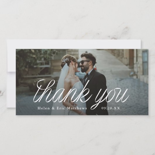 Ribbon Script Minimalist Wedding Photo Tall Bedankkaart (Voorkant)