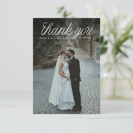 Ribbon Script Top Minimalist Wedding Photo Small Bedankkaart (Staand voorkant)