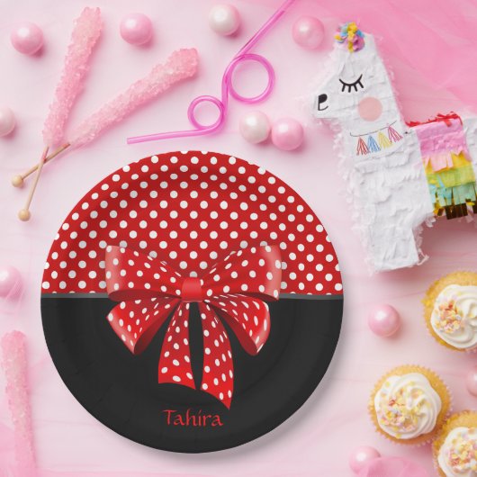 Ribbon van zwarte, rode en witte poka papieren bordje (Feest)