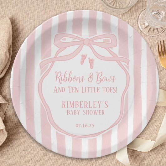 Ribbons Bows Ten Little Toes Bow Girl Baby Shower Papieren Bordje