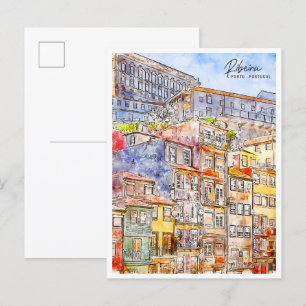 Ribeira Porto Portugal vintage reis waterverf Briefkaart