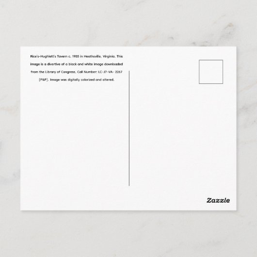 Rice’s-Hughlett’s Tavern c. 1935, Heathsville, VA Briefkaart (Achterkant)