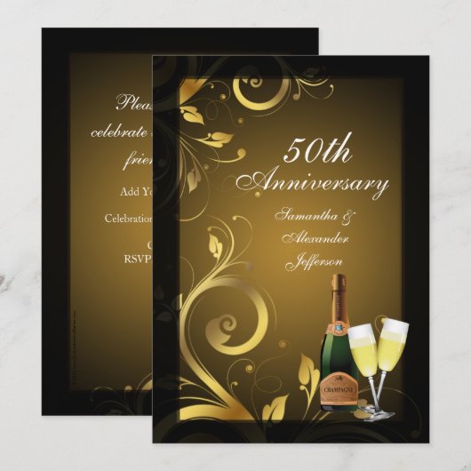 Rich Black and Gold Swirl 50th Jubileum Party Kaart (Voorkant / Achterkant)