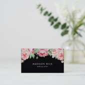 Rich Black & Blush Pink Peony Visitekaartje (Staand voorkant)