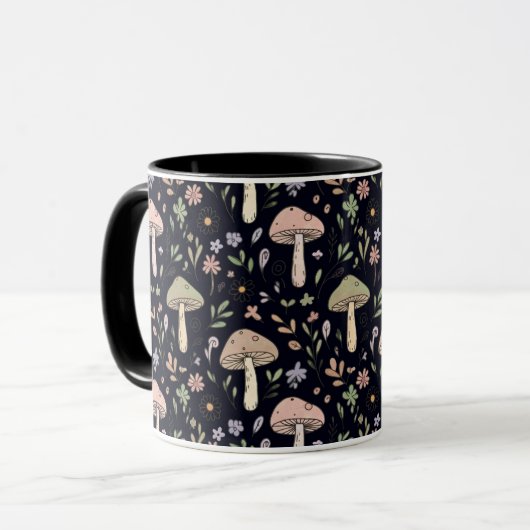 Rich Black Dark Academia Fungi Seamless Pattern Mok (Voorkant links)