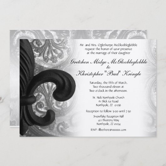 RICH BLACK "iron fleur de lis" Wedding Invitation Kaart (Voorkant / Achterkant)
