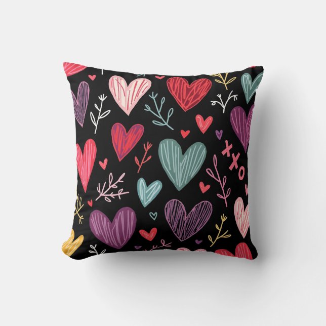 Rich Black Playful Hand-Drawn Hearts Throw Pillow Kussen (Voorkant)