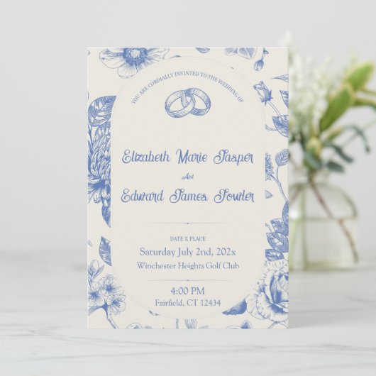 Rich Blue French Floral Toile Bloemen Uitnodiging (Staand voorkant)