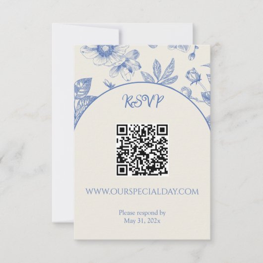 Rich Blue French Floral Toile Floral QR-code RSVP Kaartje (Voorkant)