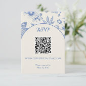 Rich Blue French Floral Toile Floral QR-code RSVP Kaartje (Staand voorkant)