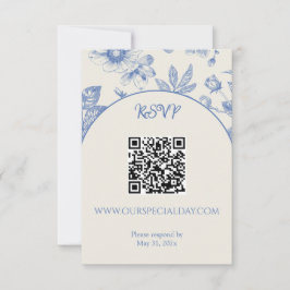 Rich Blue French Floral Toile Floral QR-code RSVP Kaartje