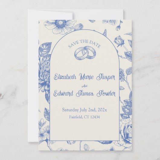 Rich Blue French Floral Toile Floral Save the Date Kaart (Voorkant)