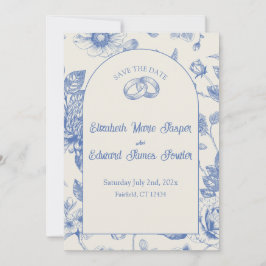 Rich Blue French Floral Toile Floral Save the Date Kaart