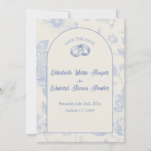 Rich Blue French Floral Toile Floral Save the Date Kaart (Voorkant)