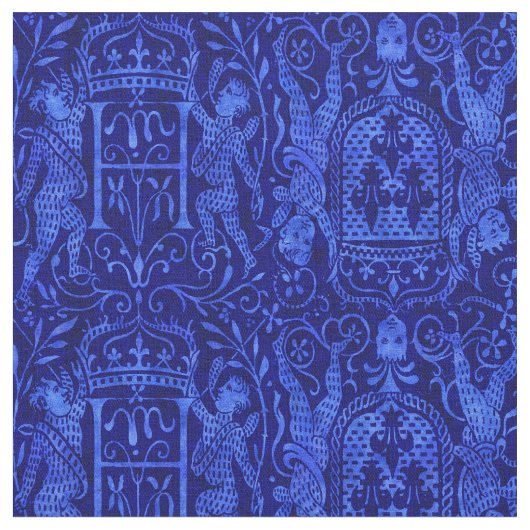 Rich Blue Medieval Tapestry met Cherubs Stof (Close Up)