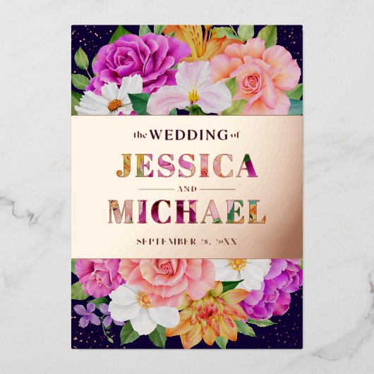Rich Bouquets Paars Blue Roze Rose Gold Wedding Folie Uitnodiging (Voorkant)