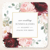 Rich Bourgogne Blush Pink Bloemen Huwelijksgunst Kartonnen Onderzetters (Voorkant)