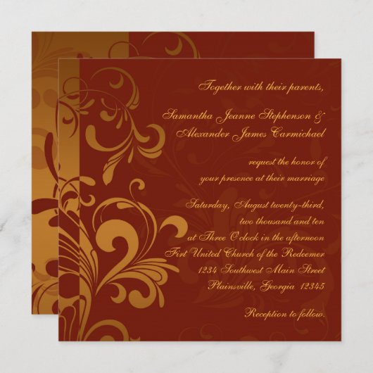 Rich Brick Red en Gold Reverse Swirl Square Kaart (Voorkant / Achterkant)