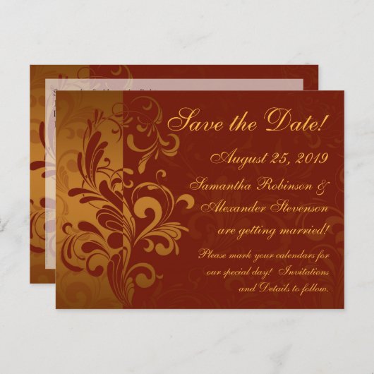 Rich Brick Red / Gold omgekeerde werveling Save th Aankondigingskaart (Voorkant / Achterkant)