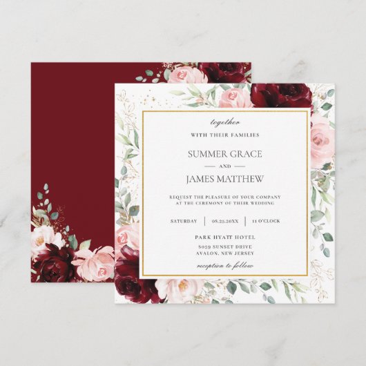 Rich Burgundy Blush Pink Floral Wedding Square Kaart (Voorkant / Achterkant)