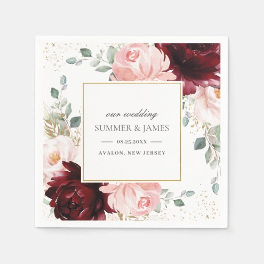 Rich Burgundy Blush Pink Floral Wedding Square Servet (Voorkant)