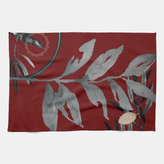 Rich Burgundy & Gray Artistic Waterverf Leaves Theedoek (Horizontaal)