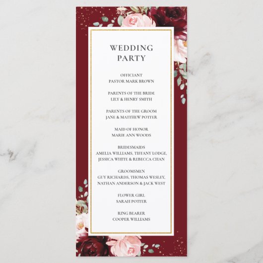Rich Burgundy Red Blush Roses Floral Wedding Programmakaart (Achterkant)