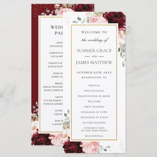 Rich Burgundy Red Blush Roses Floral Wedding Programmakaart (Voorkant / Achterkant)