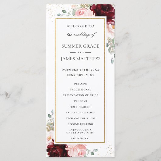Rich Burgundy Red Blush Roses Floral Wedding Programmakaart (Voorkant)