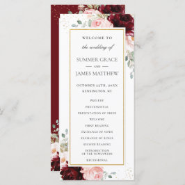 Rich Burgundy Red Blush Roses Floral Wedding Programmakaart