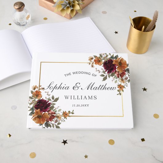 Rich Burgundy Rust Burnt Orange Floral Wedding Gastenboek (Voorkant open)