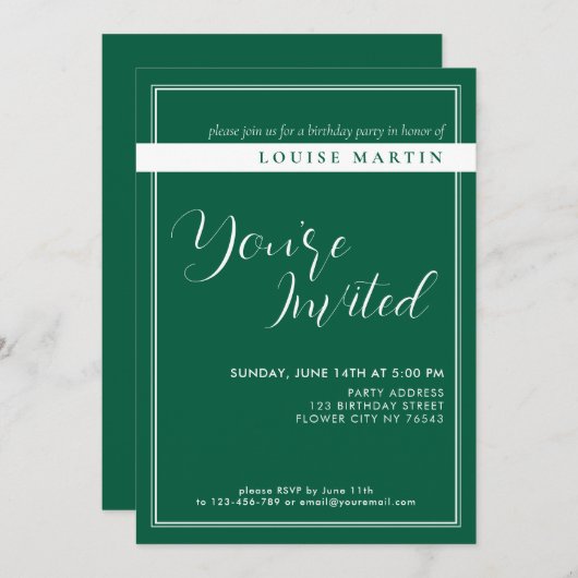 Rich Deep Green Aangepaste Verjaardag Uitnodiging (Voorkant / Achterkant)