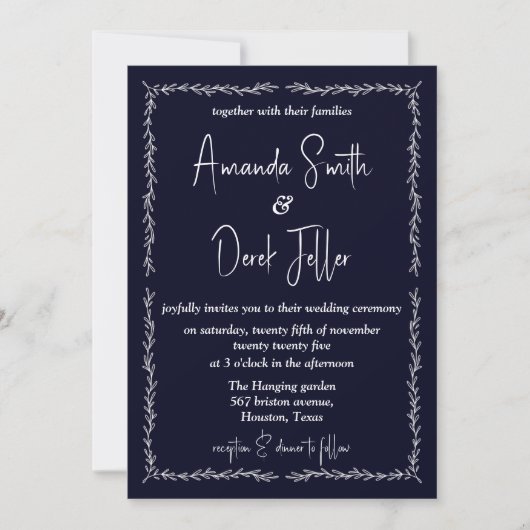 Rich donkerblauw zwart bruiloft uitnodiging (Voorkant)