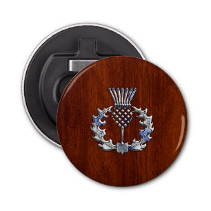 Rich Mahogany Wood Scottish Thistle Print Button Flesopener