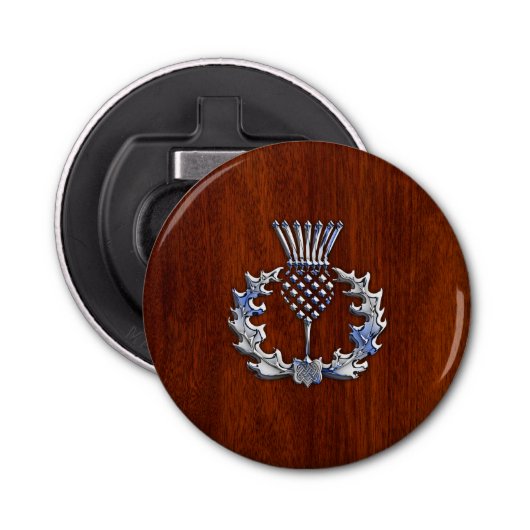 Rich Mahogany Wood Scottish Thistle Print Button Flesopener (Voorkant)