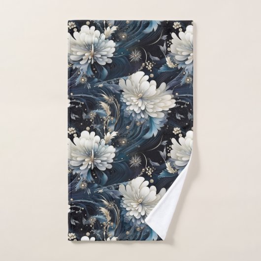 Rich Navy Blue Starlight Floral Pattern Bad Handdoek (Handdoek)