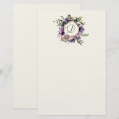 Rich Paars Floral-Framed Monogram Stationery Briefpapier (Voorkant / Achterkant)