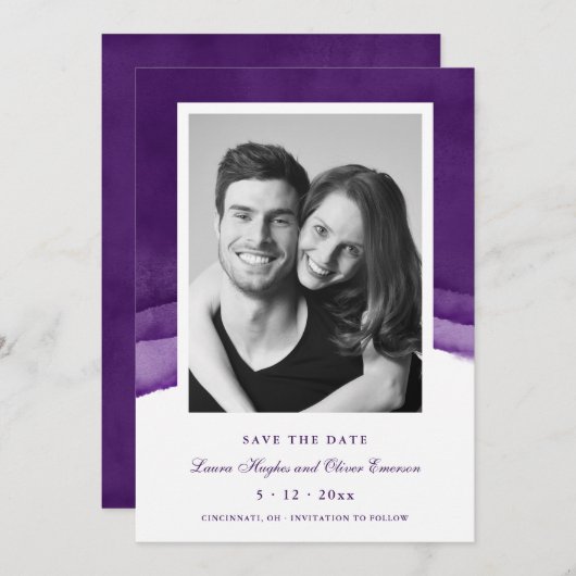 Rich Paarse Waterverf Wedding Save the Date Kaarte Kaart (Voorkant / Achterkant)
