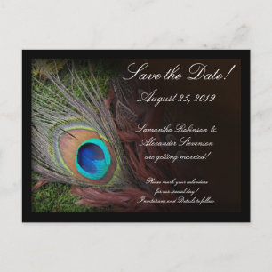 Rich Peacock Feather Green Moss Save the Date Kaar Aankondigingskaart