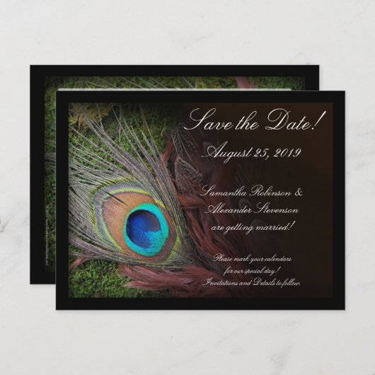 Rich Peacock Feather Green Moss Save the Date Kaar Aankondigingskaart (Voorkant / Achterkant)